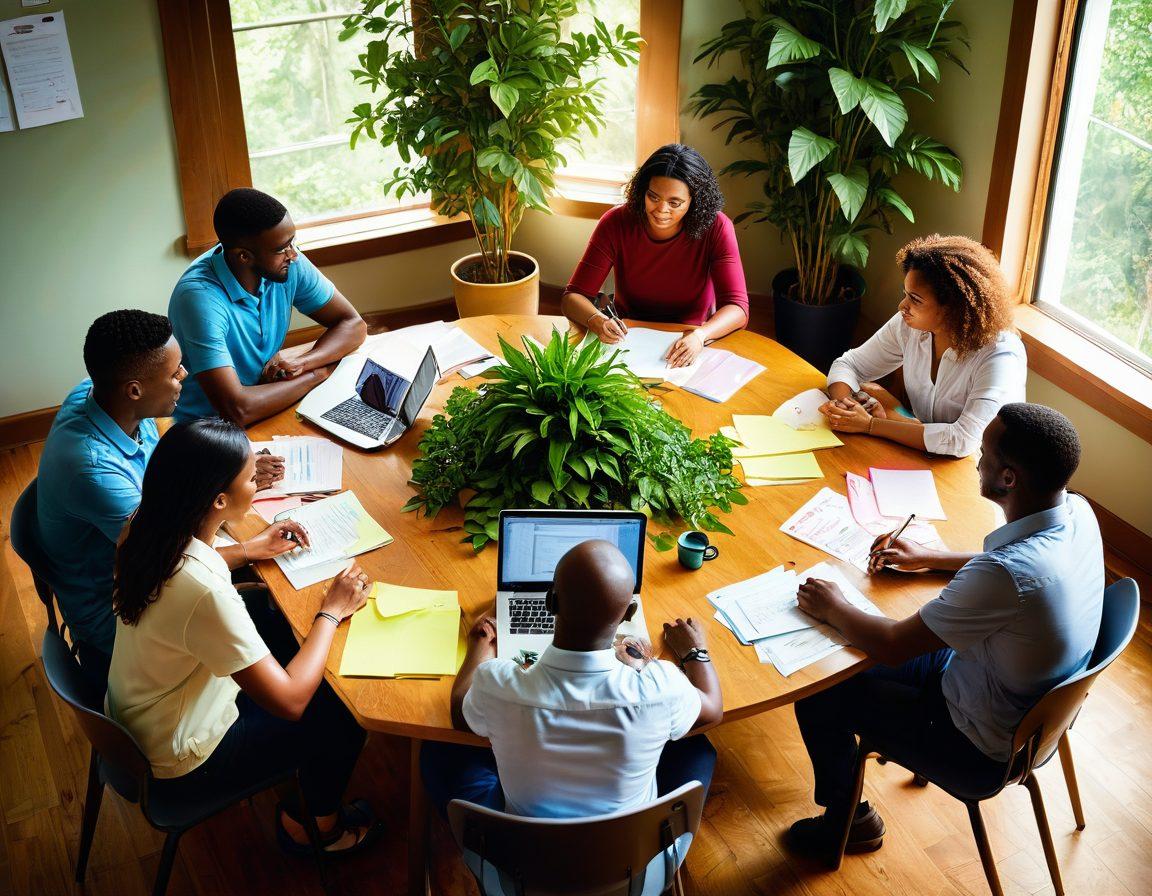 A warm and inviting scene showcasing a diverse group of people happily discussing insurance options around a cozy table, surrounded by lush greenery symbolizing growth and security. Include visual elements like open quotes on colorful post-it notes and a laptop showing graphs and savings. The atmosphere should evoke trust and connection, with soft sunlight filtering through. vibrant colors. 3D.