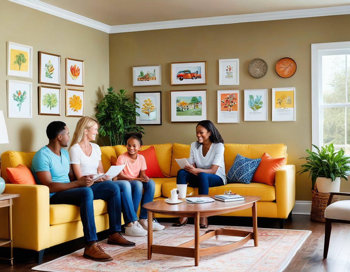 A cozy, inviting living room scene featuring a family happily discussing their insurance options, surrounded by symbols of health and home, such as a stethoscope, a house model, and charts showing insurance benefits. Warm lighting creates a comforting atmosphere, emphasizing security and peace of mind. The image should convey warmth and trust. vibrant colors. super-realistic.
